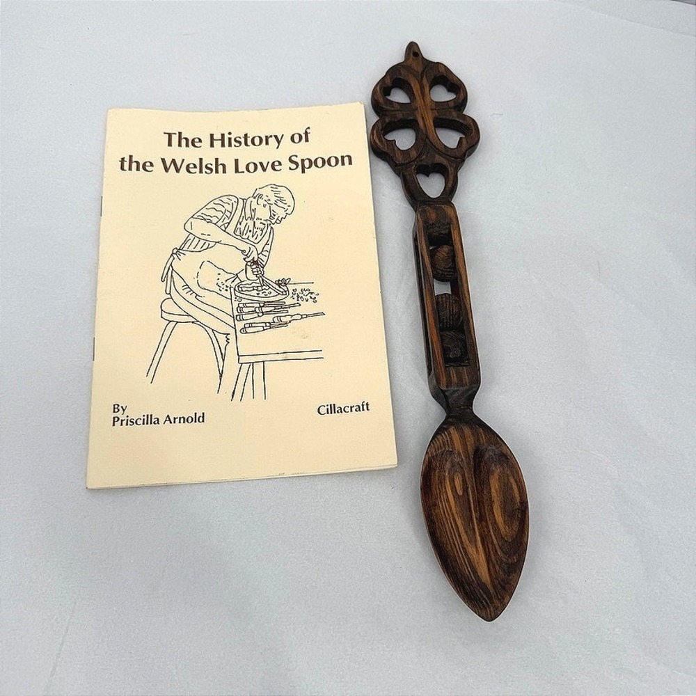 Cillacraft Welsh Wooden Love Spoon Hand Carved Hearts Balls Cage Decor w/ Book